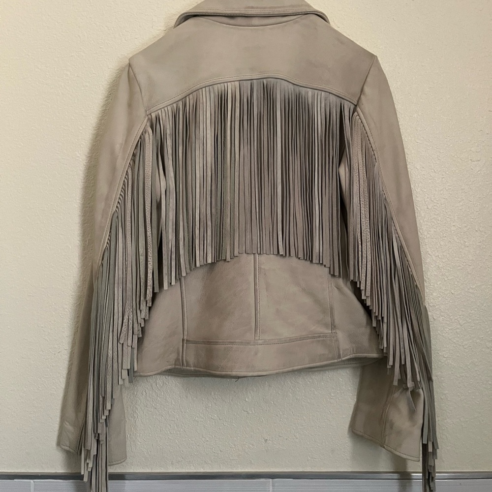 Black Rivet Beige Leather Jacket with Fringe Small Motorcycle